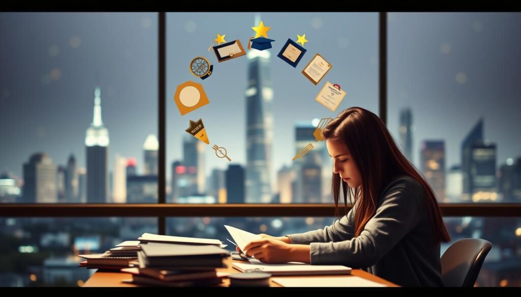 A serene and inspiring scene of a student confidently facing the challenge of American exams. In the foreground, a young person sits at a desk, poring over study materials with determination. The lighting is warm and focused, creating a sense of focus and concentration. In the middle ground, a halo of academic awards and certificates surround the student, symbolizing their hard-earned accomplishments. The background is a dreamy, blurred landscape of towering skyscrapers, representing the urban setting of the American educational system. The overall atmosphere conveys a feeling of reassurance and success, inspiring the viewer to believe in their own abilities to excel in these important tests.
