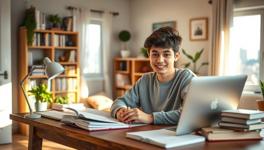A serene and inviting online learning environment, with a student sitting comfortably at a wooden desk, surrounded by personalized educational materials. Soft natural lighting filters through the windows, creating a warm and focused atmosphere. The background features a cozy home office setup, with bookshelves, plants, and a hint of a cityscape outside, conveying a sense of customized, remote learning. The student's expression is one of engaged concentration, reflecting the tailored and immersive nature of the learning experience.