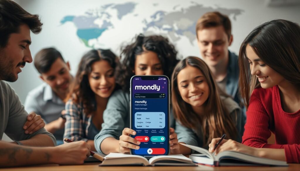 A serene and inviting scene featuring the Mondly language learning app. In the foreground, a group of diverse learners immersed in their studies, their faces lit with curiosity and engagement. The middle ground showcases the Mondly app interface, its intuitive design and vibrant colors drawing the eye. In the background, a softly blurred world map symbolizes the global reach and versatility of the language-learning platform. Gentle lighting creates a warm, welcoming atmosphere, emphasizing the benefits of Mondly's personalized, interactive approach to mastering new languages for beginners and advanced students alike.