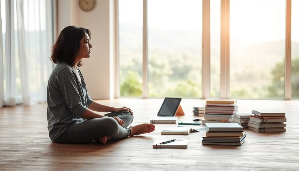 A serene and minimalist scene depicting the concept of "flexibility in self-learning". In the foreground, a person sitting cross-legged on a wooden floor, deep in contemplation, with a pensive expression. Soft natural lighting filters through large windows, casting a warm glow on the scene. In the middle ground, various learning materials such as books, tablets, and stationery are neatly arranged, suggesting a customizable and adaptive learning environment. The background features a soothing, blurred landscape with lush greenery, evoking a sense of tranquility and focus. The overall mood is one of introspection, growth, and the empowerment of self-directed learning.