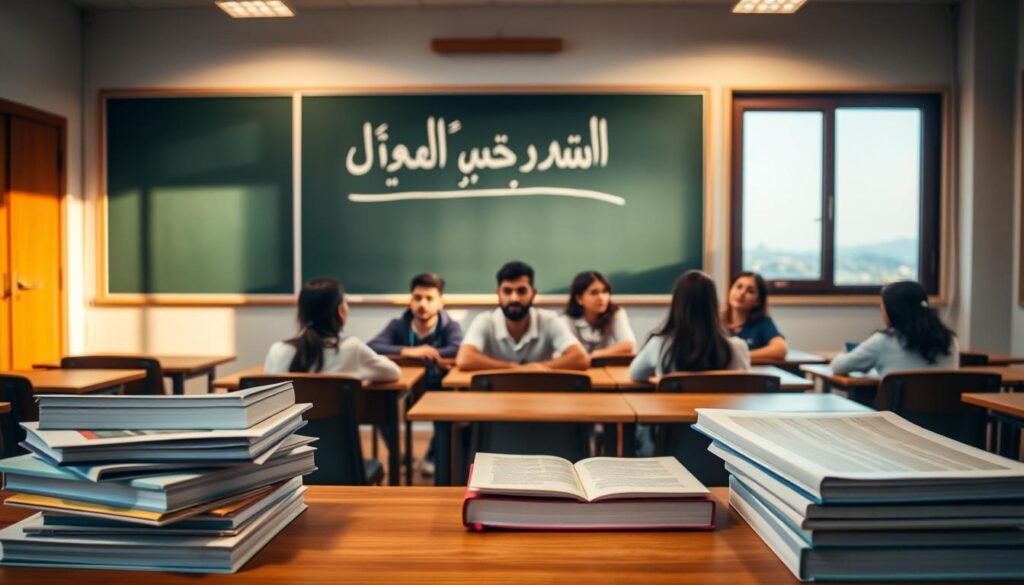 A serene and thoughtful classroom setting, with a chalkboard displaying the Arabic phrase "جودة المحتوى التعليمي" in elegant calligraphy. Soft, warm lighting illuminates the scene, casting a gentle glow on the wooden desks and chairs. In the foreground, a stack of textbooks and learning materials sit neatly organized, symbolizing the high-quality educational content. The middle ground features a group of attentive students, their faces reflecting a sense of engagement and intellectual curiosity. The background depicts a picturesque landscape visible through large windows, suggesting a peaceful and inspiring learning environment. The overall atmosphere conveys the positive and enriching experience of Mindvalley's educational offerings.