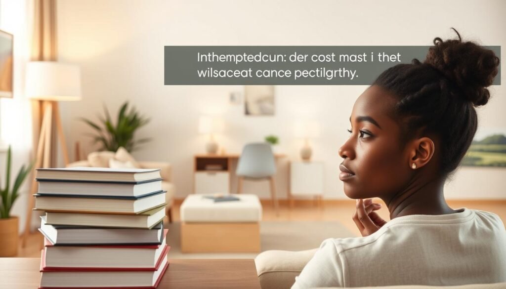A serene and welcoming environment with a comfortable couch, warm lighting, and a calming color palette. In the foreground, a stack of books and a thoughtful expression on the face of a person seeking mental health support, conveying the importance and value of professional psychological care. The middle ground features a stylized representation of a therapist's office, with minimalist yet refined decor and a sense of privacy and professionalism. The background showcases a peaceful natural landscape, symbolizing the healing and rejuvenating power of the therapeutic process. The overall scene strikes a balance between the practical considerations of cost and the transformative potential of online therapy.