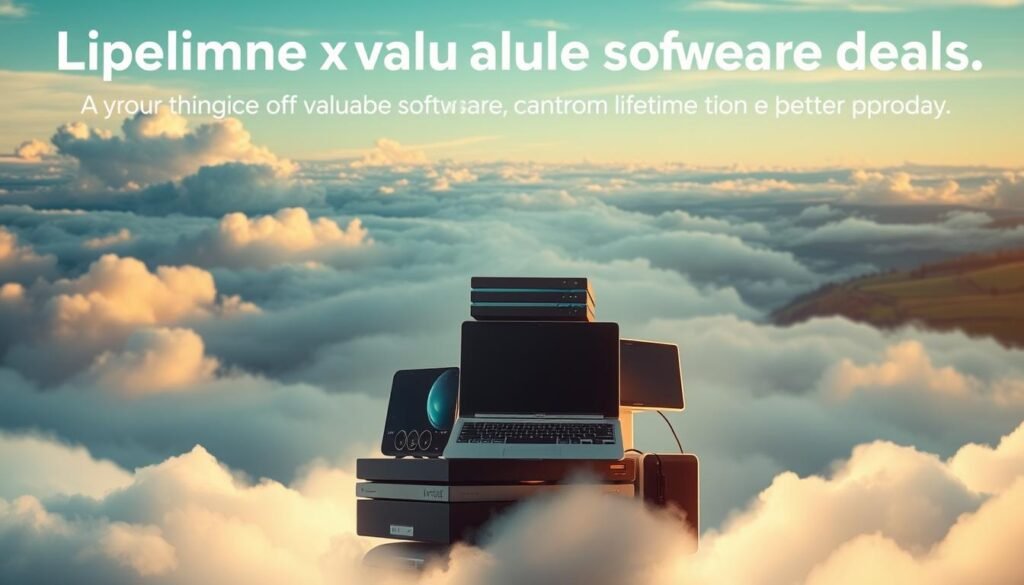 A serene, dreamlike scene showcasing a lifetime of valuable software deals. In the foreground, a stack of digital devices and software packages float weightlessly, illuminated by a warm, soft light. The middle ground features a tranquil, cloud-filled sky, hinting at the endless possibilities and longevity of these lifetime offers. In the background, a distant horizon of rolling hills and lush greenery, symbolizing the lasting impact and sustainability of these unique software deals. The overall atmosphere is one of wonder, contentment, and the feeling of having discovered a truly exceptional, once-in-a-lifetime opportunity.