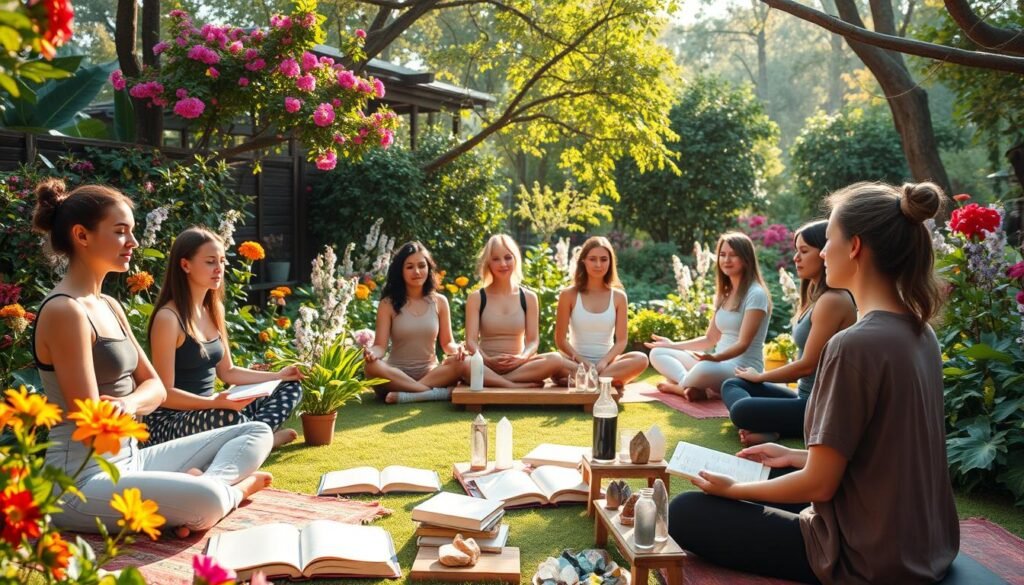 A serene garden oasis, filled with vibrant blooms and lush foliage, serves as the backdrop for a collection of personal growth programs. In the foreground, a group of individuals engage in various mindfulness practices, from meditative poses to journal writing, their faces radiating an inner peace. The middle ground showcases an array of books, crystals, and other self-improvement tools, arranged in a harmonious display. Soft, natural lighting filters through the trees, casting a warm glow over the scene, evoking a sense of tranquility and personal transformation. The overall atmosphere is one of introspection, growth, and the pursuit of holistic well-being.
