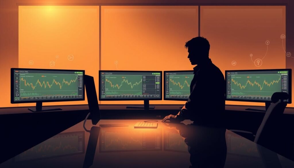 A serene, high-definition digital illustration depicting the trading hours of the GIFT Nifty index. The scene showcases a sleek, modern trading desk with multiple screens displaying real-time market data and charts. A lone trader, silhouetted against a warm, soft-focus background, intently studies the screens, surrounded by subtle graphical overlays and icons that convey the flow of global financial information. The lighting is balanced, with a gentle, golden glow emanating from the desk, creating a contemplative, professional atmosphere. The composition emphasizes the importance of the GIFT Nifty index for US-based investors, highlighting its role in global market connectivity and informed decision-making.