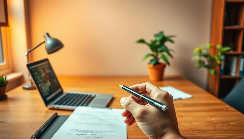 A serene office setting with a wooden desk, a laptop, and a potted plant. In the foreground, a hand holds a pen, ready to jot down task management tips. The background features a warm, subdued lighting, creating a focused and productive atmosphere. The scene conveys a sense of organization and efficiency, reflecting the topic of "نصائح إدارة المهام". The image should be rendered in a clean, realistic style, capturing the essence of the subject matter.