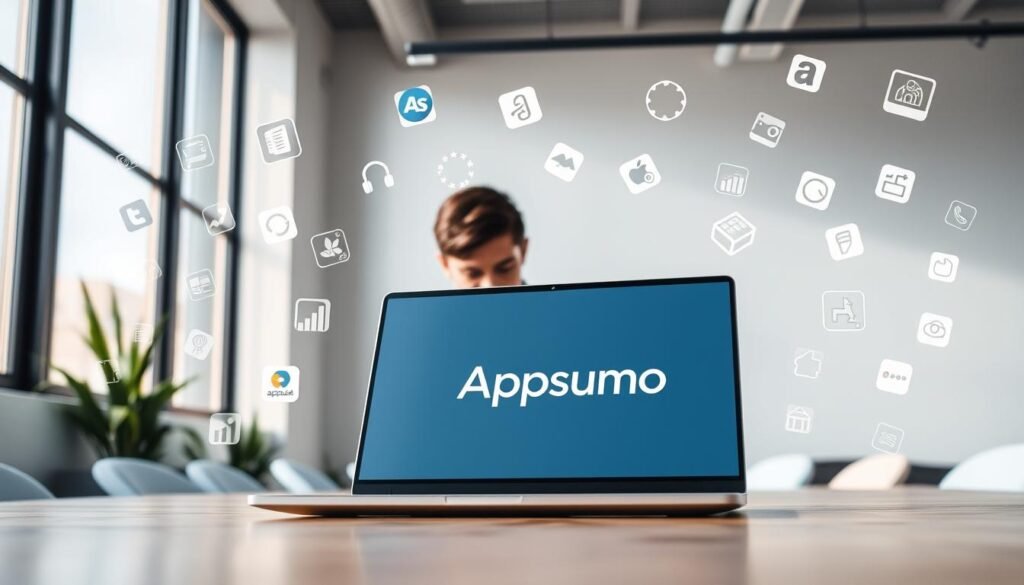 A serene office space with an Appsumo logo prominently displayed on a sleek laptop screen. Soft, natural lighting filters in from large windows, creating a warm and inviting atmosphere. In the foreground, an array of software icons and logos float effortlessly, suggesting the diverse range of products and services available through Appsumo. The middle ground features a person thoughtfully examining the laptop, their expression conveying the value and convenience Appsumo offers. The background showcases a minimalist, modern interior design, emphasizing the professionalism and reliability of the Appsumo brand. The overall scene radiates a sense of productivity, efficiency, and the seamless integration of technology into the user's workflow.