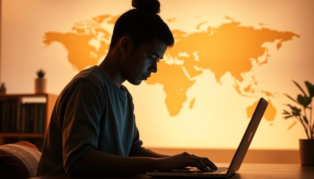 A serene online learning environment, with a student silhouette in the foreground, studying intently on a laptop. The background features a stylized world map, symbolizing the global reach of online language education. Warm, diffused lighting creates a cozy, focused atmosphere. The overall scene conveys the challenges and opportunities of learning languages remotely, with a sense of personal connection and immersion.