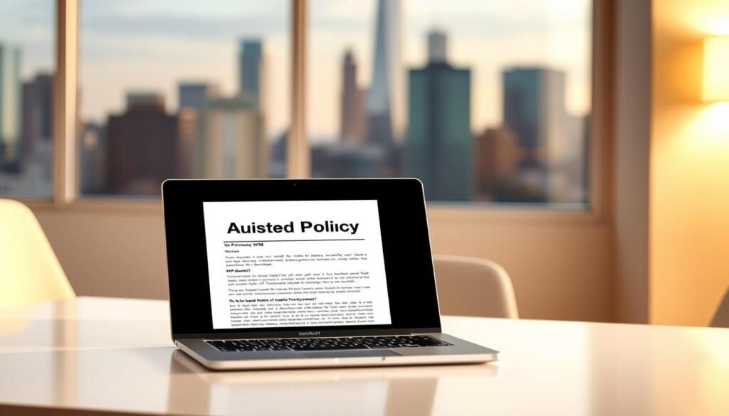 A serene, professionally-lit office scene with a laptop prominently displaying an audited VPN privacy policy document. The laptop is placed on a clean, minimalist desk with a sleek, modern design. The background features a blurred, out-of-focus view of a city skyline through a large window, conveying a sense of privacy and security. Soft, directional lighting illuminates the desk and laptop, creating a warm, trustworthy atmosphere. The entire composition exudes a feeling of transparency, reliability, and attention to detail, reflecting the qualities of the VPN service being highlighted.