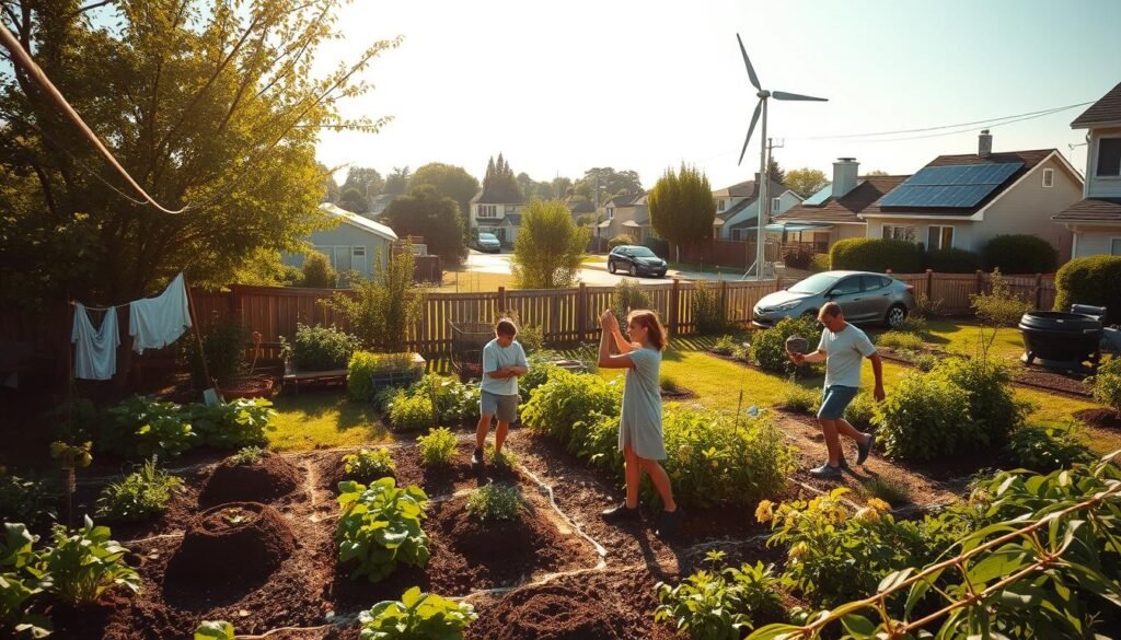 A serene, sun-dappled scene of a suburban backyard, lush with flourishing vegetable gardens, thriving compost piles, and clotheslines gently swaying in a soft breeze. In the foreground, a family of four diligently tending to their plot, harvesting fresh produce and methodically turning the compost. In the middle ground, a small, efficient wind turbine and solar panels seamlessly integrated into the landscape, harnessing renewable energy. The background frames a tranquil neighborhood, with energy-efficient homes and electric vehicles lining the streets, all contributing to a harmonious, sustainable ecosystem.