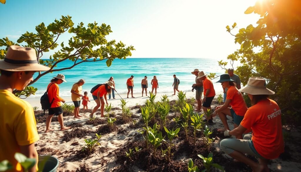 A serene, sun-dappled tropical beach, with a group of volunteers in vibrant shirts and hats working together to restore a coastal mangrove ecosystem. In the foreground, they meticulously plant saplings, while in the middle ground, others collect debris and monitor marine life. In the background, the azure ocean laps gently against the shore, framed by lush, verdant foliage. Warm, diffused lighting filters through the scene, creating a sense of harmony and purpose. Shot with a wide-angle lens to capture the scope of the conservation effort, the image conveys the teamwork, dedication, and environmental stewardship of these marine conservation volunteers.