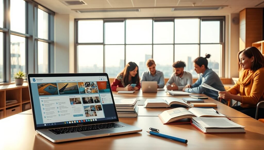 A serene, well-lit classroom interior showcasing the key features of an educational platform. In the foreground, a sleek, modern laptop displays the platform's intuitive interface, while a variety of learning materials, such as textbooks and study guides, are neatly arranged on a clean, wooden desk. The middle ground features a group of diverse students collaborating on a project, their expressions engaged and focused. The background depicts floor-to-ceiling windows overlooking a picturesque cityscape, bathed in the warm glow of natural light, creating a sense of openness and inspiration. The overall atmosphere conveys a harmonious, productive, and enriching educational experience.