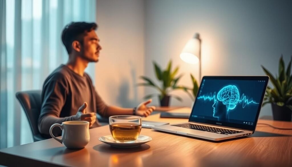A serene, well-lit interior with a minimalist desk setup, featuring a laptop, a cup of herbal tea, and a tablet displaying a visualization of brain activity. In the foreground, a person sits comfortably, meditating and focusing intently. Soft, diffused lighting casts a warm, calming glow, while the background showcases a tranquil, nature-inspired setting with lush plants and a subtle, abstract brain-wave pattern in the distance. The overall atmosphere exudes a sense of balance, clarity, and enhanced cognitive performance, reflecting the benefits of using the NeuroVizr technology.