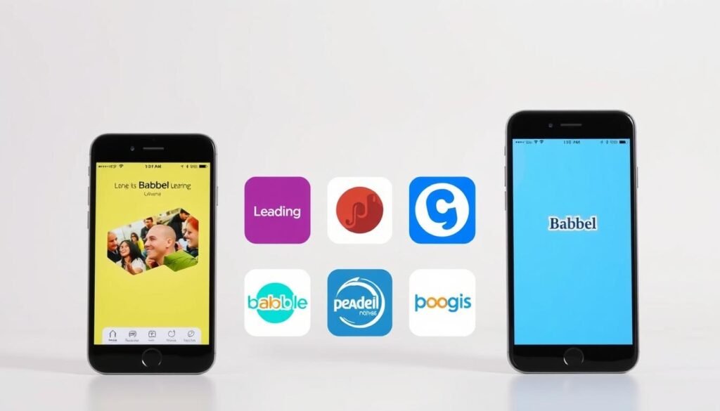 A side-by-side comparison of popular language learning apps, showcased against a minimalist backdrop. In the foreground, sleek mobile device screens display the Babbel app interface, its vibrant colors and intuitive design elements taking center stage. In the middle ground, other leading apps are represented by their distinctive logos, arranged in a visually balanced grid layout. The background features a soft, muted gradient, allowing the comparative elements to stand out prominently. The overall composition conveys a sense of professionalism and analytical scrutiny, inviting the viewer to explore the strengths and differences between the language learning solutions.