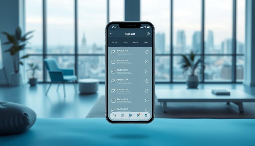 A sleek and intuitive task management application, with a modern user interface, floating on a subtle background of soft blue hues. The application's icon and design elements are prominently displayed, showcasing its clean and organized layout. The foreground features a to-do list with checkboxes, highlighting the app's core functionality of task organization and prioritization. The middle ground includes productivity-focused icons and visual cues, suggesting the app's robust features for managing projects, deadlines, and productivity. The background depicts a serene office environment, with minimalist furniture and a large window overlooking a cityscape, conveying a sense of focus and efficiency.