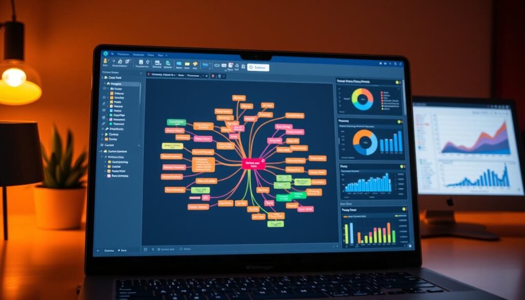 A sleek and modern enterprise mind mapping tool, MindManager stands out with its intuitive interface, advanced collaboration features, and powerful visualization capabilities. In the foreground, the user-friendly software dashboard showcases a vibrant mind map, its nodes and connections arranged in a harmonious layout. The middle ground reveals detailed task management tools, allowing seamless project planning and progress tracking. In the background, a sophisticated data analysis module provides deep insights, displayed through dynamic charts and graphs. Illuminated by warm, directional lighting and captured from a slightly elevated, frontal angle, this image conveys MindManager's elegant design, robust functionality, and enterprise-grade productivity boost.
