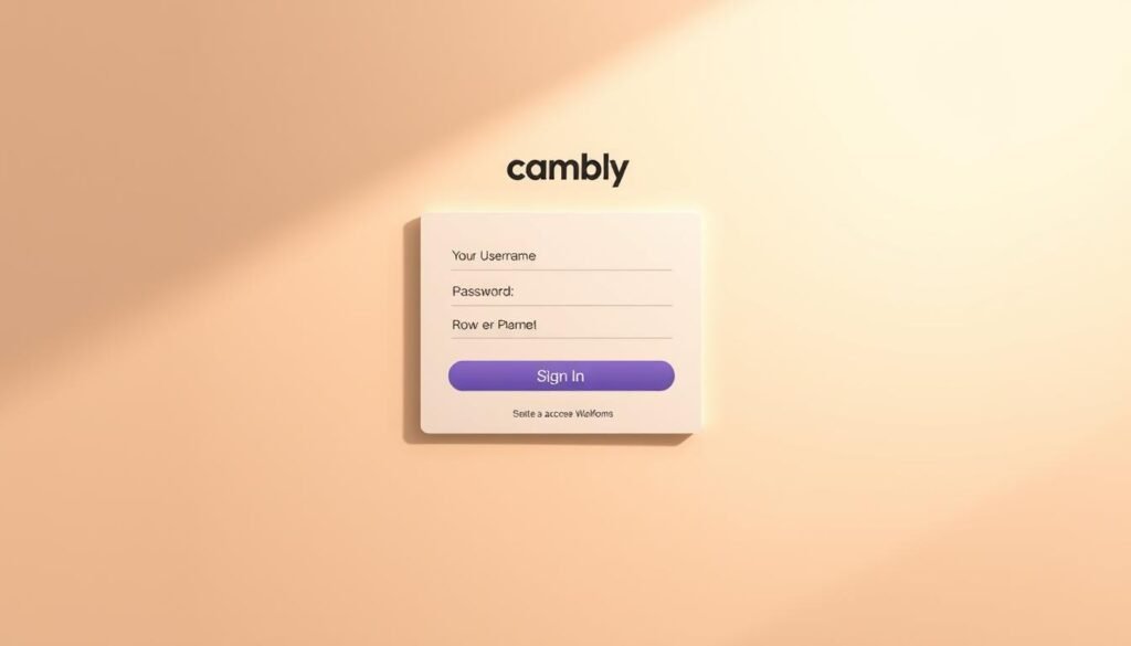 A sleek and modern login interface for the Cambly language learning platform. In the center, a minimalist login form with fields for username and password, set against a serene background of soft gradients in neutral tones. The layout is clean and intuitive, with a prominent "Sign In" button inviting the user to access the platform. Soft shadows and subtle highlights add depth and dimension, while the overall aesthetic is professional, polished, and easy to navigate. Warm lighting from an unseen source creates a welcoming atmosphere, drawing the viewer's attention to the core functionality of the login process.