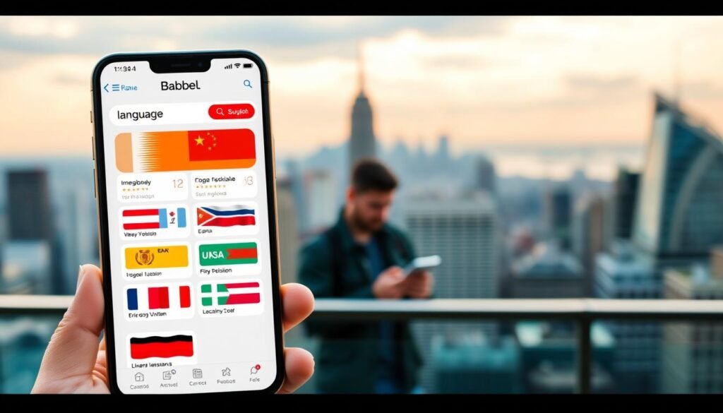 A sleek and modern mobile app interface showcasing the Babbel language learning application. In the foreground, an engaging and intuitive user interface with a colorful, minimalist design. Various language flags are prominently displayed, representing the app's diverse language options. The middle ground features a user interacting with the app, studying vocabulary or conversational lessons. The background depicts a blurred city skyline, hinting at the global reach and accessibility of the Babbel platform. The overall scene conveys a sense of productivity, creativity, and the joy of language acquisition, reflecting the core values and positioning of the Babbel app.
