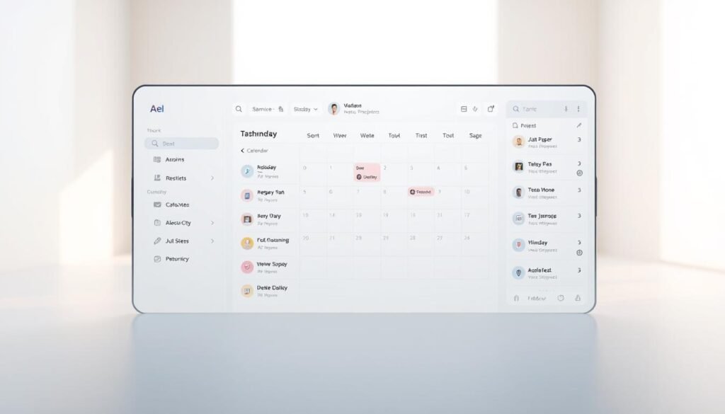 A sleek and modern task management app interface, featuring a clean and intuitive dashboard with intuitive widgets and smooth animations. The foreground showcases a minimalist design with crisp icons, clear task lists, and elegant typography. The middle ground presents a calendar view with seamless integration, allowing users to plan and prioritize their daily tasks. The background sets a serene, light-filled atmosphere with subtle gradients and a sense of depth, highlighting the app's focus on productivity and organization. Rendered with a professional, high-quality photorealistic style using a wide-angle lens and soft, directional lighting to capture the essence of a cutting-edge task management solution.