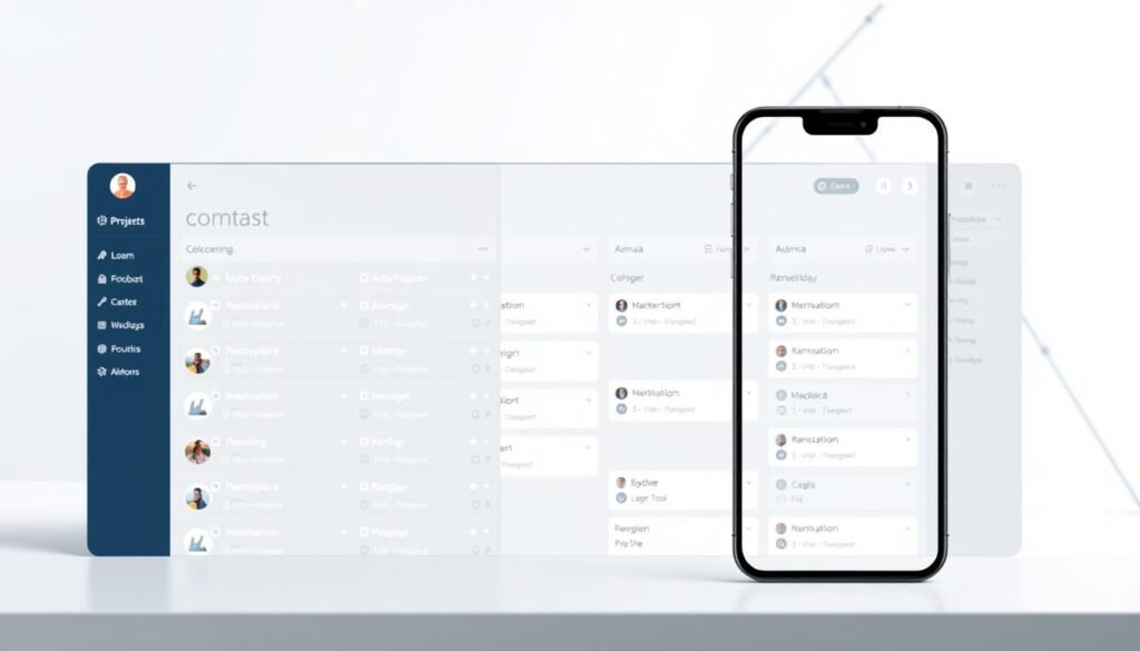 A sleek and modern task management tool with a clean, intuitive interface. In the foreground, a minimalist dashboard displays a list of ongoing tasks, with crisp icons and clear labels. The middle ground showcases a Kanban-style board, with customizable columns representing different stages of the workflow. In the background, a subtle grid pattern or geometric shapes create a sense of structure and organization. The lighting is bright and even, highlighting the app's ease of use and productivity-enhancing features. The overall mood is one of efficiency, focus, and seamless project coordination.