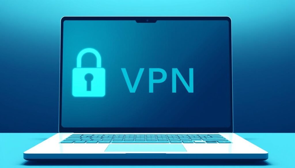 A sleek, minimalist illustration depicting a laptop screen displaying a dynamic VPN interface. In the foreground, an abstract IP address icon fades into the background, symbolizing the VPN's ability to mask the user's online identity. The scene is bathed in a cool, blue-green tone, creating a sense of digital privacy and security. Subtle lighting from the laptop's screen casts a soft glow, adding depth and dimension to the composition. The overall mood conveys a feeling of control and confidence in online privacy.