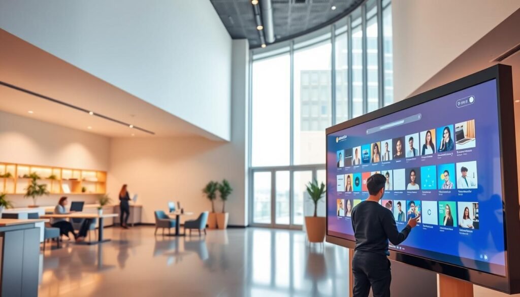 A sleek, modern educational platform with a warm, welcoming atmosphere. In the foreground, a large touchscreen display showcases vibrant, interactive learning content. The middle ground features comfortable seating areas and workstations, allowing students to engage in self-paced learning. The background depicts a minimalist, well-lit interior design with large windows, providing a sense of openness and natural illumination. The overall mood is one of productivity, inspiration, and personal growth, inviting users to immerse themselves in the Mindvalley experience.