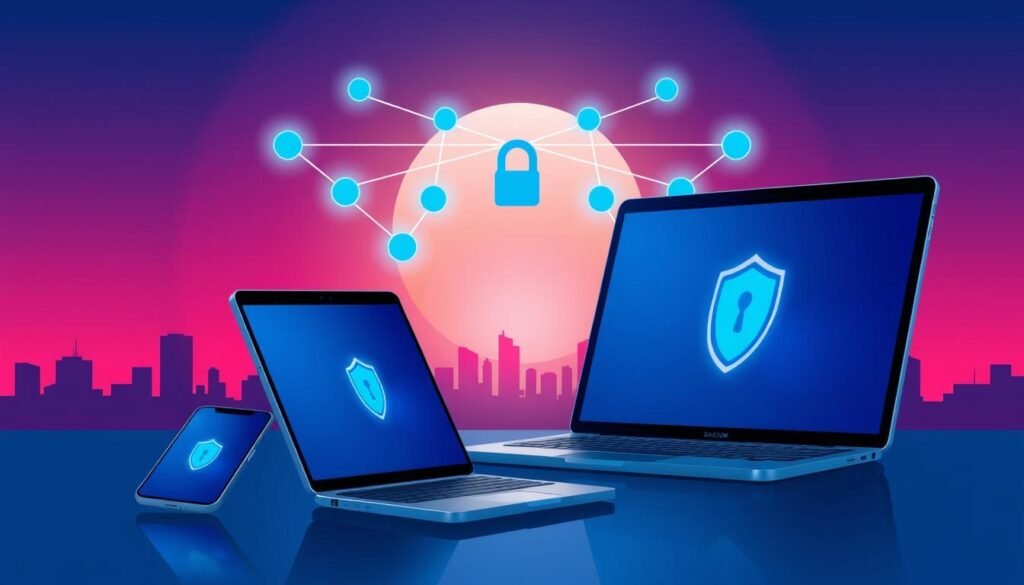 A sleek, modern illustration showcasing a range of digital devices, each protected by a secure VPN connection. In the foreground, a smartphone, laptop, and tablet are displayed, their screens bathed in a cool, blue-tinted glow. The middle ground features a network of interconnected nodes, representing the VPN's secure infrastructure, while the background depicts a cityscape silhouetted against a vibrant, gradient sky. The scene conveys a sense of safety, connectivity, and the seamless protection of one's online identity across multiple devices.