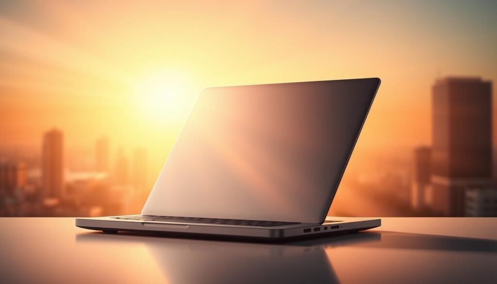 A sleek, modern laptop surrounded by a halo of radiant light, signifying the exclusivity and value of a lifetime membership deal. The laptop's metallic surface gleams under warm, directional lighting, casting subtle shadows that add depth and dimension. In the background, a blurred cityscape suggests a premium, high-end environment, while a subtle gradient fills the space, creating a sense of depth and elegance. The overall composition conveys a feeling of luxury, privilege, and the potential for unparalleled savings and benefits that come with this exclusive membership.