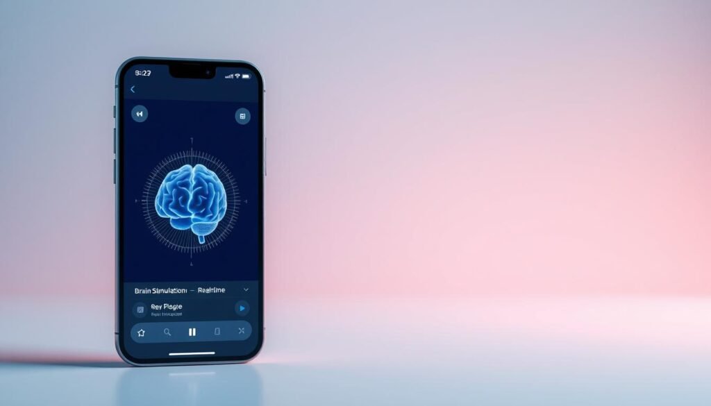 A sleek, modern mobile app interface for NeuroVizr, a brain-stimulating technology. The app's UI features a clean, minimalist design with a focus on intuitive user experience. In the foreground, a central display shows a 3D model of the human brain, pulsing with neural activity. The middle ground showcases the app's key features, such as customizable brain stimulation programs and real-time data visualization. The background subtly suggests a high-tech, futuristic atmosphere, with abstract geometric patterns and a soft, ambient glow. The overall mood is one of cutting-edge innovation, scientific advancement, and personal empowerment through brain-computer interaction.