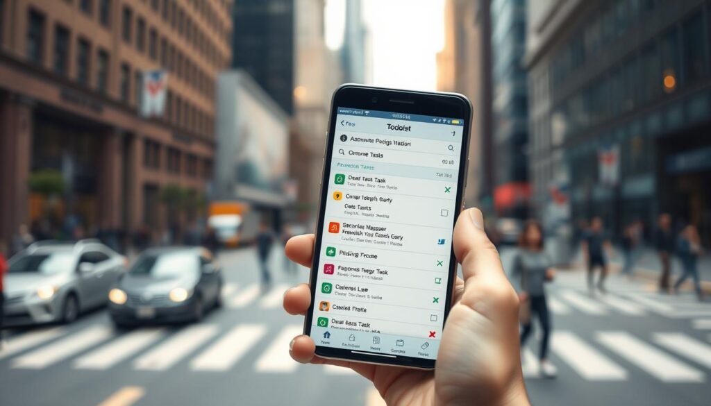 A sleek, modern mobile device prominently displaying the Todoist app interface. The screen shows a well-organized task list, with colorful tags, due dates, and priority indicators. In the foreground, the device is held in a hand, suggesting the app's mobility and on-the-go usage. The background features a blurred urban landscape, conveying a sense of productivity and efficiency in a busy, fast-paced environment. The lighting is soft and natural, creating a warm, inviting atmosphere. The overall composition emphasizes the seamless integration of Todoist's task management capabilities with the mobile experience, empowering users to stay organized and accomplish their goals, even when away from their desks.
