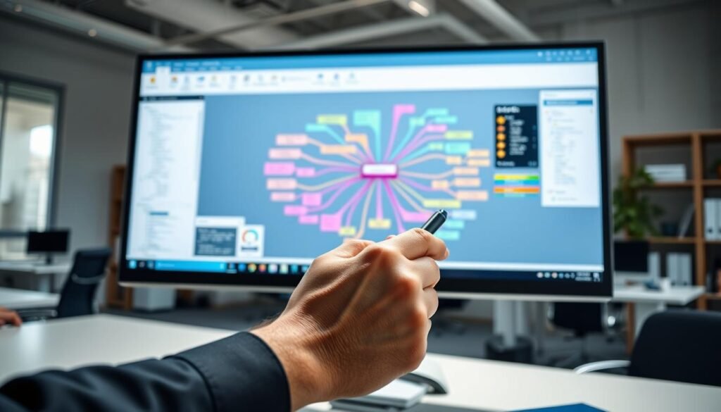 A sleek, modern office setting with a large, high-resolution computer monitor displaying the MindManager user interface. The screen shows a vibrant, colorful mind map with interconnected nodes, representing the tool's powerful visualization and organizational capabilities. In the foreground, a professional-looking hand is using a stylus or mouse to interact with the mind map, demonstrating the intuitive user experience. The lighting is bright and natural, highlighting the details of the workspace and creating a sense of productivity and focus. The background features subtle, blurred office elements such as desks, chairs, and bookshelves, creating a harmonious, distraction-free environment.