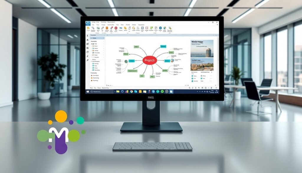 A sleek, modern office workspace with a large monitor displaying the MindManager software interface. The foreground features a stylized MindManager logo and various mind mapping icons, icons, and visualization tools. The middle ground showcases the software's intuitive user interface, with a project management template open and various colorful nodes, connectors, and annotations. The background depicts a minimalist, well-lit office setting with clean lines, modern furniture, and large windows overlooking a cityscape. The overall atmosphere conveys productivity, organization, and the power of visual thinking facilitated by the MindManager software.