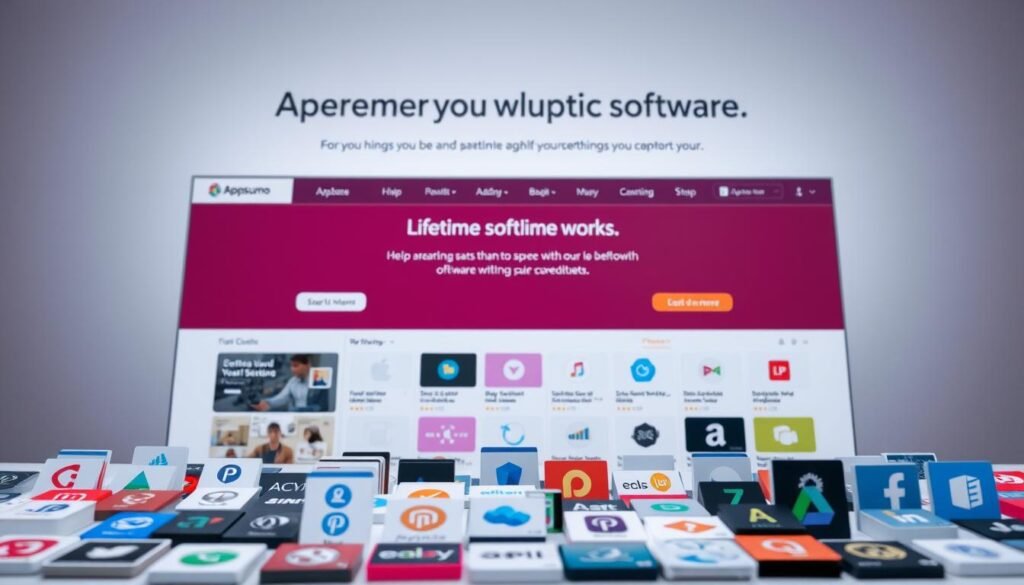 A sleek, modern platform interface showcasing Appsumo's lifetime software deals. In the foreground, a collection of SaaS product icons and logos are neatly arranged, hinting at the wide range of discounted tools available. The middle ground features a clean, minimalist dashboard with intuitive navigation menus and prompts to guide users through the purchasing process. In the background, a subtle gradient backdrop sets a professional, trustworthy tone, while strategic lighting and camera angles highlight the platform's elegant design and user-friendly experience. The overall impression conveys Appsumo as a reliable, one-stop destination for finding premium software at exceptional lifetime prices.