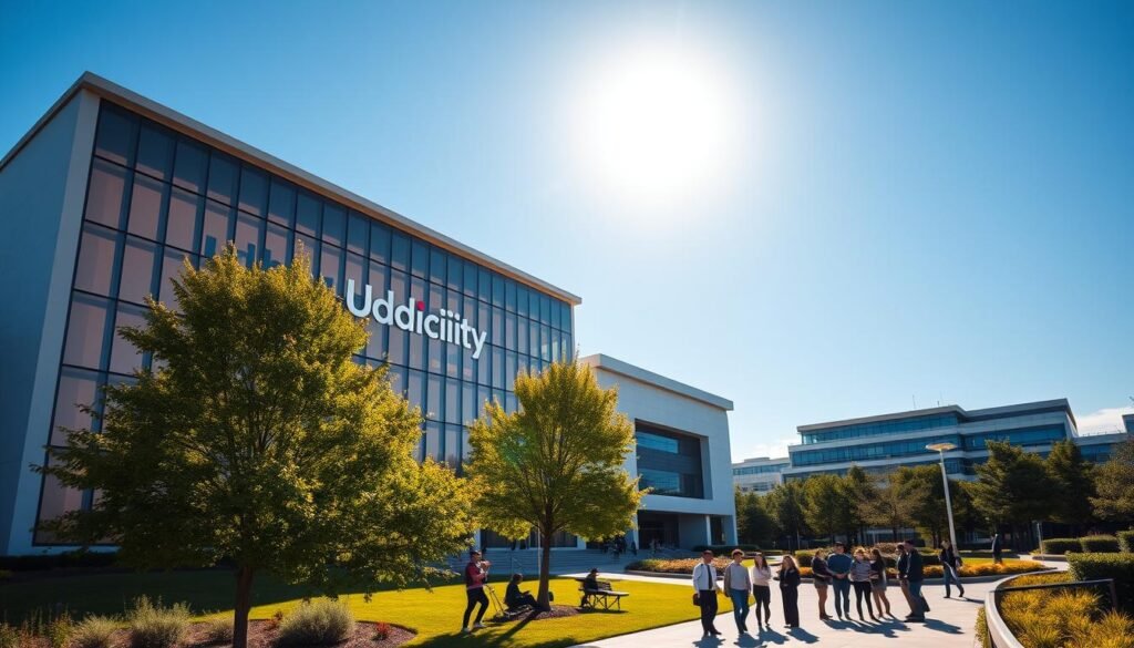 A sleek, modern university campus set against a bright blue sky, with lush green trees and landscaping. In the foreground, a large, contemporary building with clean lines and glass walls, illuminated by warm, natural lighting. The building's facade features the Udacity logo prominently displayed, conveying a sense of prestige and innovation. In the middle ground, students are gathered in small groups, engaged in animated discussions, reflecting Udacity's collaborative learning environment. The background showcases the campus' state-of-the-art facilities, including cutting-edge technology labs and lecture halls. The overall atmosphere exudes a forward-thinking, dynamic, and inspirational vibe, capturing the essence of Udacity's advanced technological and scientific educational programs.