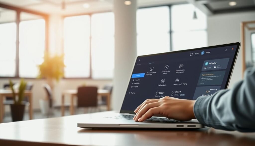 A sleek, modern web interface with intuitive navigation and clean, minimal design. The foreground features a user interacting with the interface on a laptop, their hands gliding smoothly across the touchpad. The middle ground showcases the interface's key features, including intuitive menus, clear icons, and a well-organized layout. The background depicts a serene office setting, with natural lighting streaming in through large windows, creating a calm and inviting atmosphere. The overall mood is one of effortless usability and user-centric design, reflecting the ease and efficiency of the "تجربة المستخدم وسهولة الاستخدام" experience.