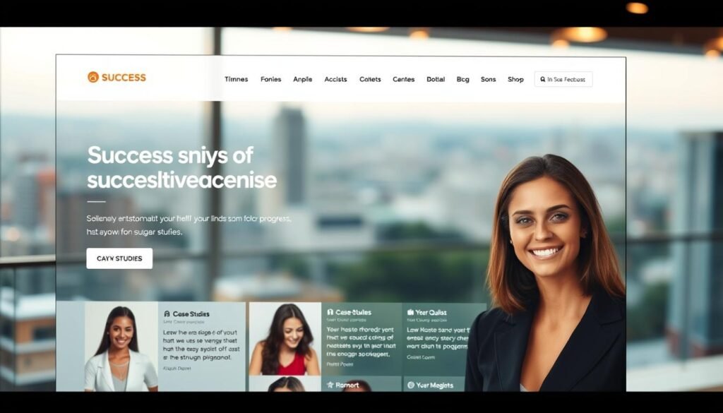 A sleek, modern web platform showcasing success stories of individuals who have transformed their lives through self-improvement programs. The foreground features a clean, minimalist user interface with large, high-quality images of smiling, confident people. The middle ground depicts a grid of testimonials and case studies, each with a compelling narrative. The background has a soft, blurred cityscape or nature scene, conveying a sense of progress and growth. The lighting is warm, inviting, and slightly cinematic, with a shallow depth of field to draw the viewer's attention to the key elements. The overall mood is one of inspiration, positivity, and empowerment.