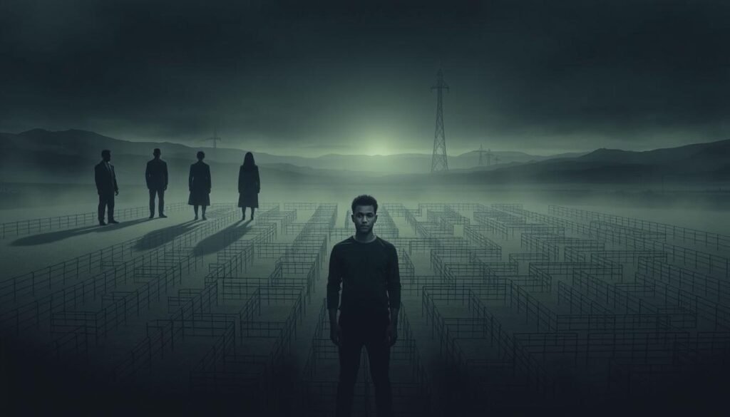 A solemn, contemplative scene depicting the complex interplay of various forms of oppression. In the foreground, a person stands at the center, their expression weighed down by the burdens of intersecting marginalities - race, gender, class, and more. Surrounding them, a series of shadowy figures representing societal forces of discrimination, each casting a long, imposing shadow. The middle ground is a maze-like tangle of barriers and obstacles, symbolizing the systemic challenges faced by the individual. In the distant background, a dimly lit landscape evokes a sense of isolation and the overwhelming nature of the struggle. Soft, muted tones lend an air of gravity, while dramatic lighting casts dramatic shadows, heightening the sense of oppression and the need for deeper understanding.
