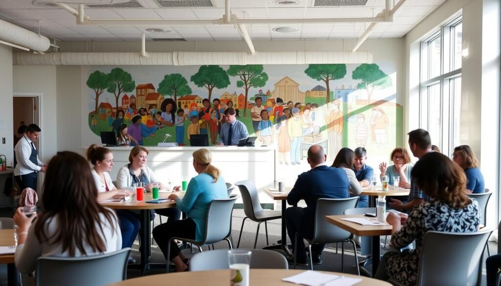 A spacious and well-lit training room, with large windows allowing natural light to stream in. In the foreground, a group of individuals with Down syndrome, engaged in a hospitality training session. They are seated at tables, learning skills like table setting, customer service, and event management, under the guidance of attentive instructors. The middle ground showcases a reception area, where trainees practice their greeting and check-in skills. In the background, a mural depicting a vibrant, inclusive community celebrates the empowerment and integration of People of Determination. The overall atmosphere is one of warmth, positivity, and a sense of opportunity and growth.