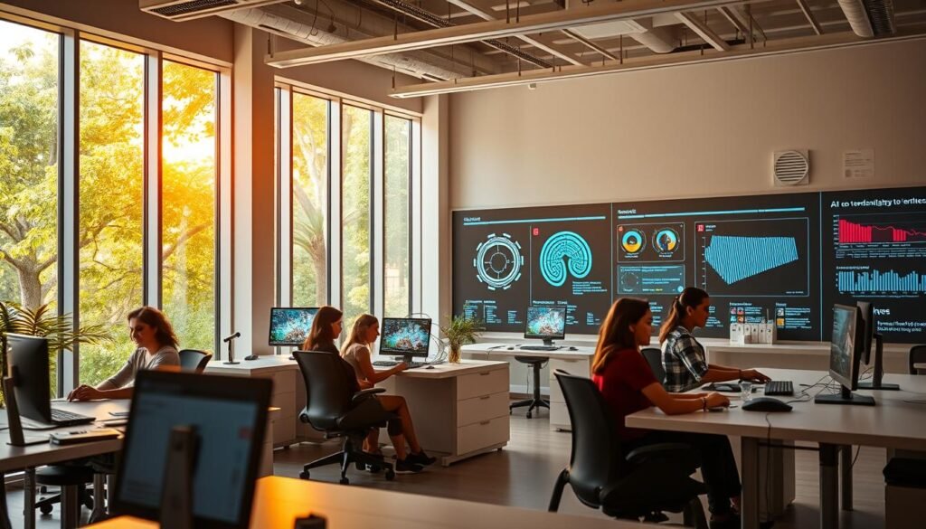 A state-of-the-art AI lab for People of Determination, bathed in warm, natural lighting that filters through large windows overlooking a lush, verdant garden. In the foreground, a group of individuals with diverse abilities engage with cutting-edge assistive technologies, their faces alight with wonder and concentration. The middle ground features sleek, ergonomic workstations and collaborative spaces, designed to foster innovation and empower the users. In the background, a wall-sized display showcases real-time data visualizations and progress updates, reflecting the lab's commitment to transparency and inclusivity. The overall atmosphere is one of inspiration, innovation, and unwavering dedication to empowering People of Determination through the transformative power of AI.