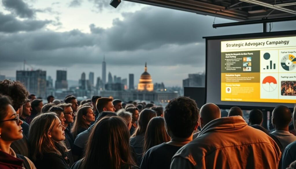 A strategic advocacy campaign unfolds against a backdrop of a bustling cityscape. In the foreground, a determined group of activists gather, their faces illuminated by the warm glow of a projector screen displaying key talking points and data visualizations. The middle ground features a diverse crowd of stakeholders, their expressions ranging from rapt attention to thoughtful contemplation. In the distance, the silhouettes of government buildings and iconic landmarks stand tall, suggesting the broader socio-political landscape in which the advocacy effort is taking place. Soft, directional lighting casts dramatic shadows, creating a sense of purpose and momentum. The overall mood is one of intentionality, collaboration, and a shared commitment to effecting meaningful change.
