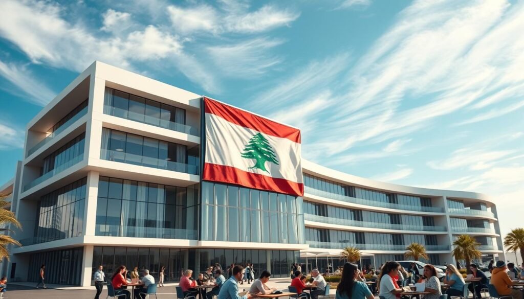 A striking aerial view of a modern, multi-story educational complex in the United Arab Emirates, with the Lebanese flag prominently displayed. The building's sleek, contemporary architecture features large windows and clean lines, set against a vibrant blue sky with wispy clouds. In the foreground, students of diverse backgrounds can be seen interacting and studying together, showcasing the collaborative and inclusive nature of the educational initiative. The scene conveys a sense of progress, international cooperation, and a commitment to empowering future generations through quality education.