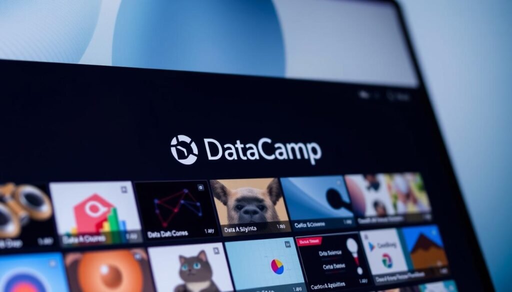 A stunningly detailed image of the DataCamp course catalog, captured in a professional, clean, and visually appealing manner. The foreground showcases a grid of course thumbnails, each depicting a unique data science or analytics topic, presented with clear icons and descriptive titles. The middle ground features a sleek, modern DataCamp logo and branding elements, while the background depicts a soft, blurred gradient in shades of blue and gray, creating a sense of depth and professionalism. The lighting is subtle and directional, highlighting the clean lines and clarity of the design. The overall composition and camera angle convey a sense of authority and expertise, perfectly capturing the essence of the "DataCamp: Expert Data Science Training Courses" article.