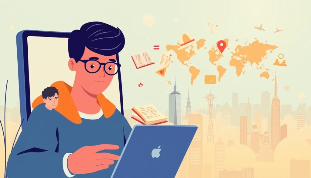 A stylized illustration showcasing the key features of italki's online language learning platform. In the foreground, an avatar of a language student engages in a one-on-one video call with a tutor, their faces illuminated by the warm glow of their devices. In the middle ground, a collage of language learning tools, such as a textbook, flashcards, and a world map, float ethereally, surrounded by a soft, hazy atmosphere. In the background, a cityscape with skyscrapers and landmarks recedes into the distance, hinting at the global reach and diverse language offerings of italki. The overall mood is one of productive focus, international connectivity, and the seamless integration of technology into the language learning experience.