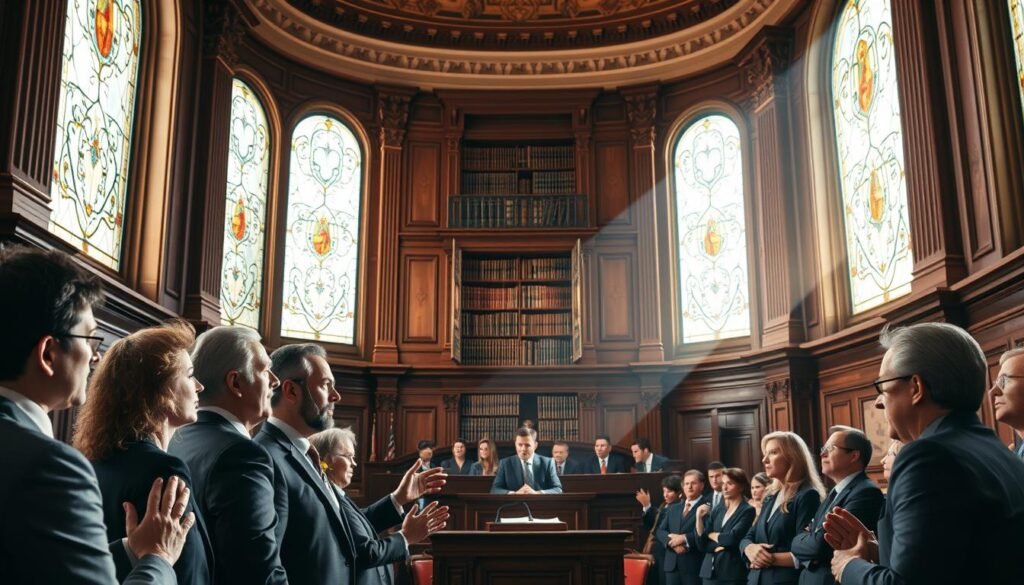 A sun-dappled courtroom, with intricate columns and ornate architectural details. In the foreground, a team of passionate advocates stand resolute, gesturing emphatically as they present their case. Soft lighting filters through stained-glass windows, casting a warm, authoritative glow over the scene. In the middle ground, a judge and jury listen intently, their expressions a mix of thoughtfulness and determination. The background features a towering bookshelf, symbolizing the depth of legal knowledge and precedents being drawn upon. The overall atmosphere exudes a sense of gravitas, professionalism, and the triumph of justice through effective advocacy.