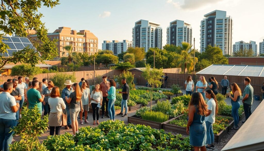 A thriving local community center bustling with activity, surrounded by lush greenery and solar panels harnessing renewable energy. In the foreground, a diverse group of people engaged in collaborative discussions, brainstorming ideas for sustainable initiatives. The middle ground showcases an urban garden, where residents tend to raised beds, producing fresh produce. In the background, modern eco-friendly buildings with sleek, energy-efficient designs stand tall, representing the community's commitment to environmental stewardship. The scene is bathed in warm, golden light, conveying a sense of progress, unity, and a vision for a sustainable future.