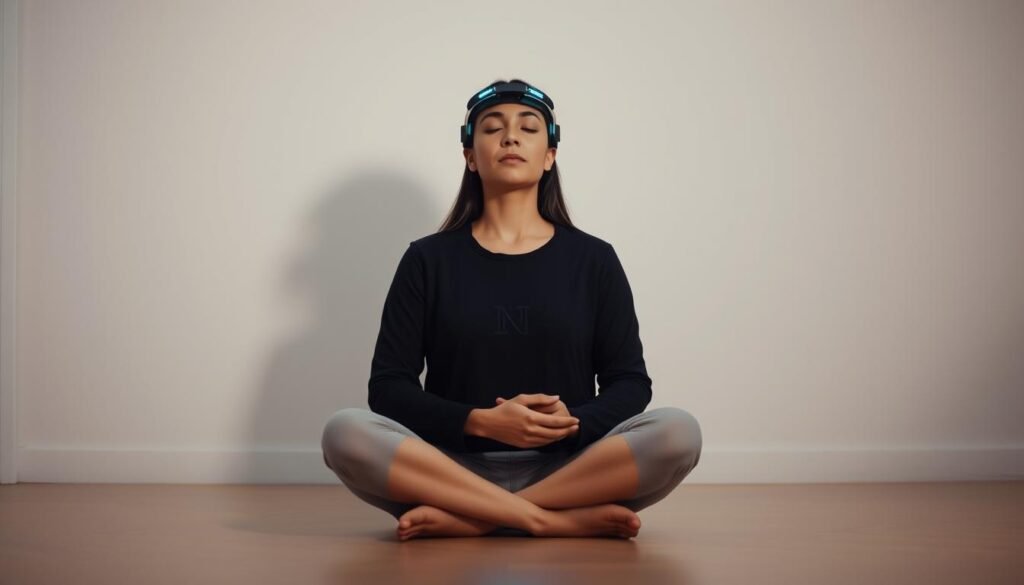 A tranquil scene of a person meditating with NeuroVizr, a neural interface device, resting gently on their temples. The room is bathed in soft, diffused lighting, creating a calming atmosphere. The subject sits cross-legged, their eyes closed, their expression serene, as they immerse themselves in the process of neural visualization. The background is a minimalist, soothing palette, allowing the focus to remain on the meditative experience. The composition is balanced, with the subject positioned centrally, and the NeuroVizr device highlighted as the key element. The overall mood is one of introspection, relaxation, and the exploration of the inner self through the power of neural technology.