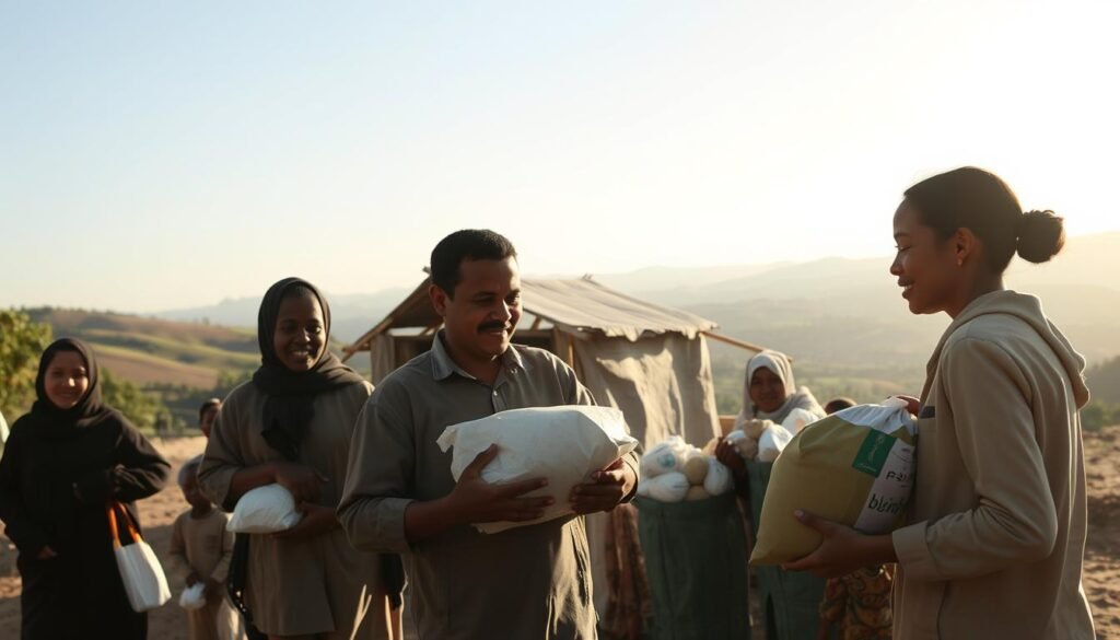 A tranquil scene of humanitarian work unfolding in a serene, sunlit landscape. In the foreground, a group of aid workers, their faces etched with compassion, distribute supplies to a line of grateful recipients. Their movements are gentle, their expressions warm. In the middle ground, a makeshift shelter provides refuge, its simple structure a testament to the Foundation's commitment to providing basic necessities. The background is a panoramic vista of rolling hills, dotted with lush greenery and a clear, azure sky, conveying a sense of hope and possibility. The entire scene is bathed in a soft, diffused light, creating an atmosphere of peace and goodwill.