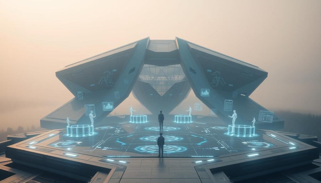 A vast, futuristic platform dominates the scene, its sleek, angular design radiating a sense of progress and transformation. Holographic interfaces flicker and dance, inviting the viewer to engage with a world of digital self-improvement. Soft, diffused lighting bathes the scene, creating a contemplative atmosphere, while the background recedes into a hazy, dreamlike landscape, suggesting the expansive possibilities of personal growth. The platform stands as a testament to the power of technology to empower and enhance the human experience, a gateway to a better self.