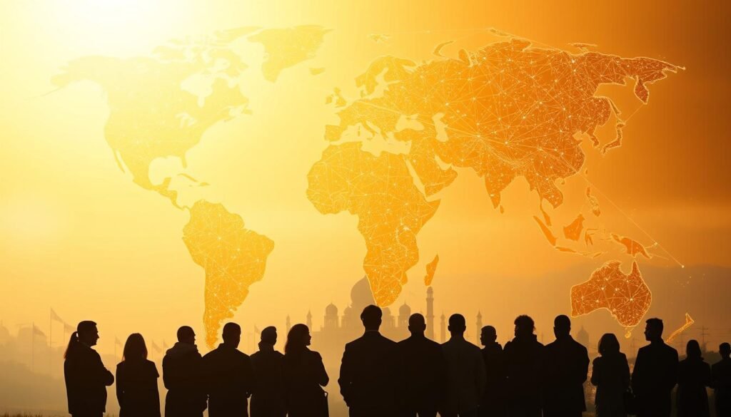 A vast global map, illuminated by a warm, golden light, dominates the frame. Intricate networks of lines and dots crisscross the continents, representing the worldwide reach and impact of a humanitarian foundation. In the foreground, a group of people from diverse backgrounds stand united, their silhouettes cast in soft, reverent shadows. The middle ground features a tapestry of cultural symbols, flags, and architectural motifs, symbolizing the foundation's commitment to global unity and community empowerment. The background blends seamlessly into a hazy, dreamlike horizon, conveying a sense of boundless possibility and the foundation's limitless aspirations. The overall composition evokes a harmonious, inspirational, and impactful visual narrative.