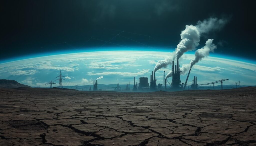 A vast, otherworldly landscape depicting the fragile boundaries of our planet. In the foreground, a barren, cracked earth symbolizes resource depletion, while in the middle ground, industrial machinery and factories loom, belching clouds of smog. The background is a panoramic view of the Earth, its vibrant blues and greens muted, overlaid with a web of interconnected systems straining under the weight of human impact. The scene is bathed in a somber, moody lighting, conveying a sense of urgency and the need for immediate action to restore the delicate balance of our world.